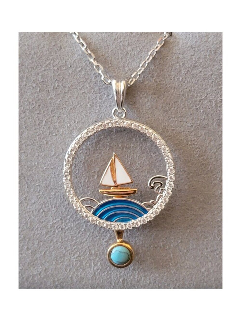 Turquoise Sailboat Wave Necklace 925 Sterling Silver Moving Pendant NWT